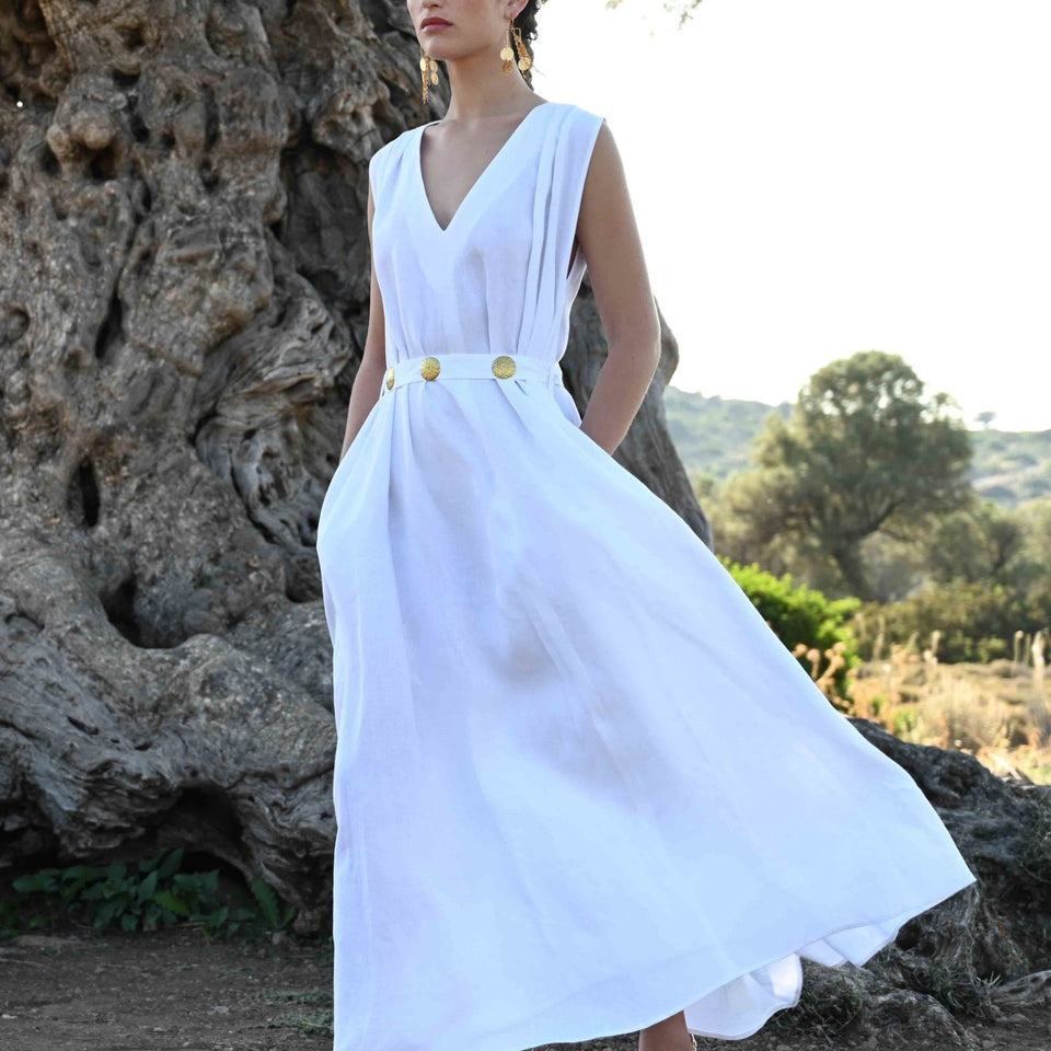 Ancient Kallos Belted Maxi Dress | White
