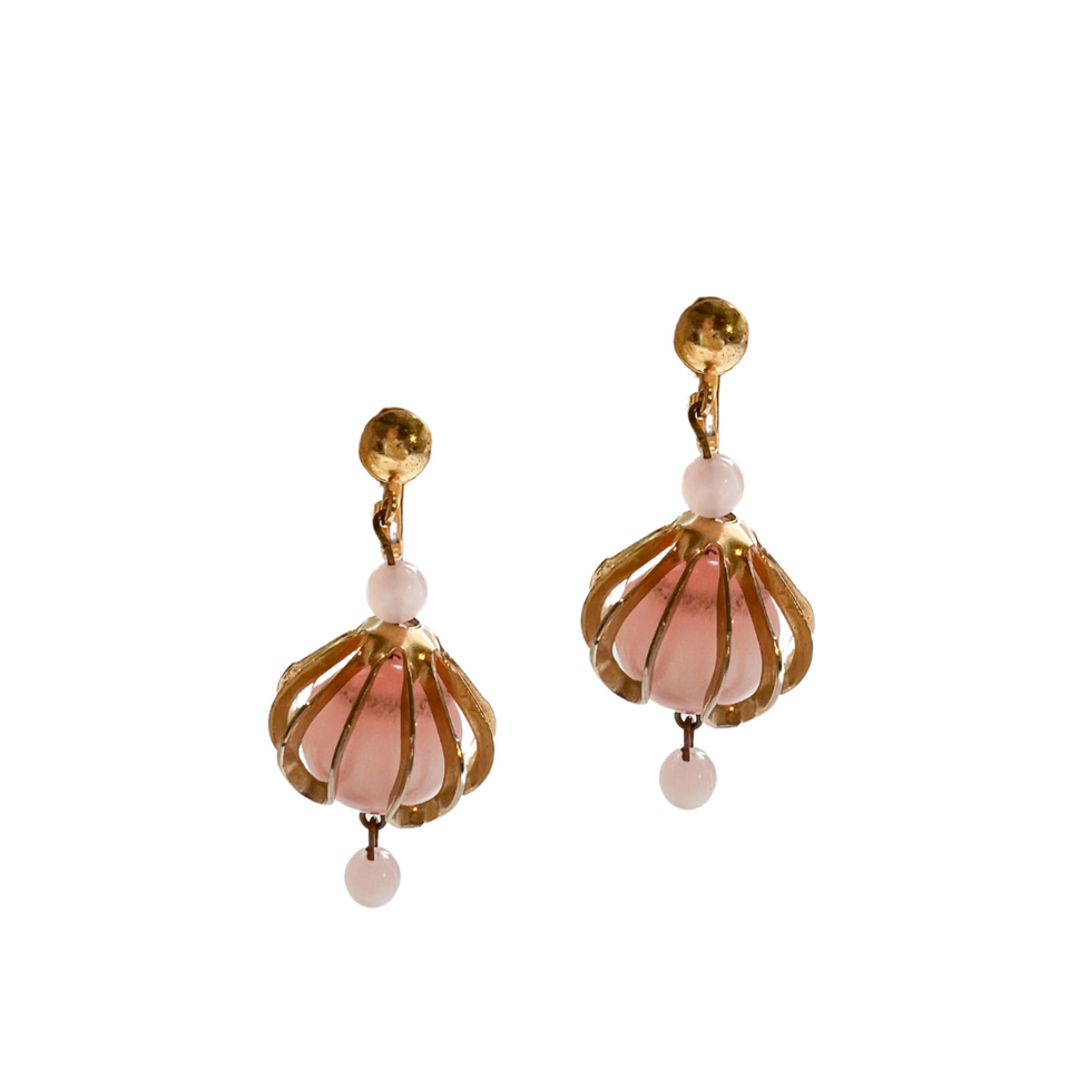 Vintage Baby Pink and Gold Cage Earrings